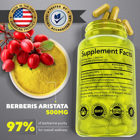 Berberine Supplement 500mg - USA Made with 97% Tested Purity for Weight Management, Energy, Immune Support (60 Capsules)