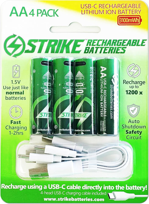 STRIKE BATTERIES AA HIGH Capacity Battery Lithium Ion 4 Pack Smart LED 1.5V 3100mWh