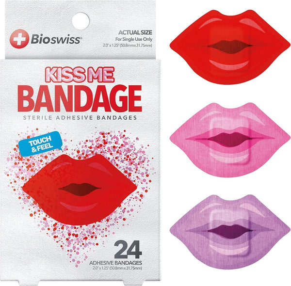BioSwiss Lips Shaped Self Adhesive Bandages, Latex Free Sterile Wound Care, Fun First Aid Kit for Kids - 24 Count