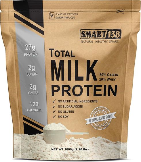 Total Milk Protein - 80% Casein 20% Whey, Gluten-Free, Non-GMO, Keto Low Carb, Natural BCAAs (1000g)