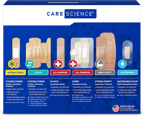 Care Science Variety Bandages Pack, 300 ct Bulk Assorted Sizes for First Aid, Waterproof, Heavy-Duty