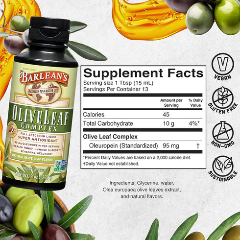 Barlean's Olive Leaf Complex Liquid with 95mg Oleuropein Antioxidants for Immune Support, 8 Ounce