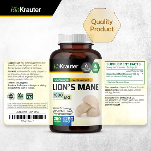 Lions Mane Supplement Capsules - Vegan, Organic Lion’s Mane Mushroom for Cognitive Function | 3 Months Supply