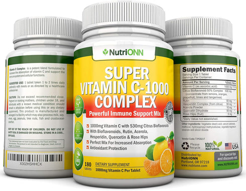 Super Vitamin C Complex - 1695Mg - 180 Tablets - with 530 mg Natural Citrus Bioflavonoids, Rose Hips, Rutin, Quercetin