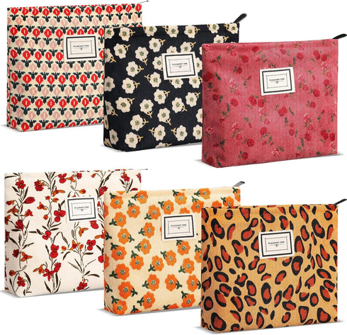 Sanwuta 6 Pcs Velvet Makeup Bag, Large Capacity Corduroy Cosmetic Pouch with Zipper, Travel Toiletry Organizer for Women