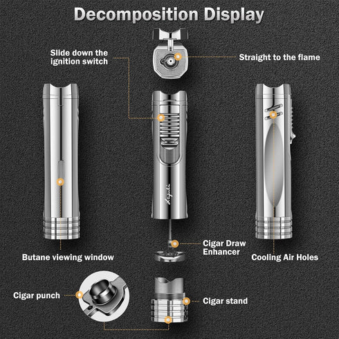 Cigar Lighter, Cigar Punch, Cigar Draw Enhancer, Cigar Holder, All-in-one Refillable Butane Torch Lighter (Gas Not