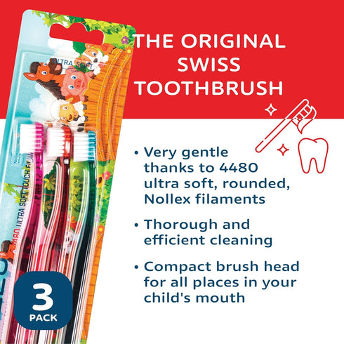 TELLO 4480 Adult or Child Ultra Soft Swiss Toothbrush, Smaller Head for Gentle Cleaning, Ergonomic Handle, 3 Count