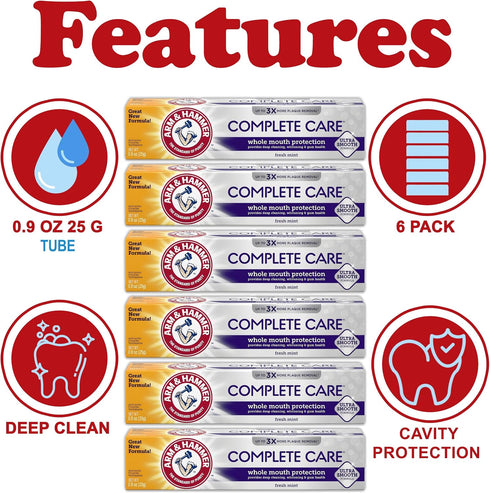 HAMMER 6 Pack, 0.9 Oz ARM & Toothpaste Complete Care Whole Mouth Protection, Fresh Mint, Anticavity Fluoride Toothpaste