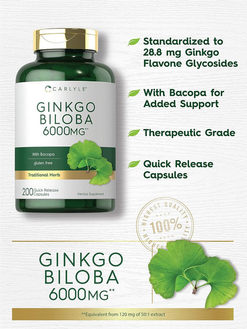 Carlyle Ginkgo Biloba Pills, 6000mg, 200 Capsules, Maximum Strength, Non-GMO, Gluten Free Supplement
