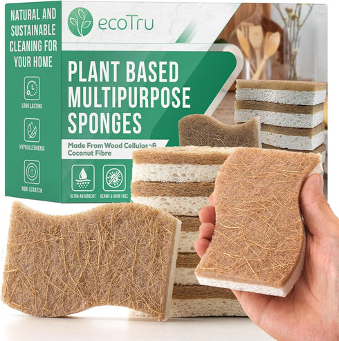 6 Pack Natural Kitchen Sponges, Compostable White Cellulose & Organic Coconut Scrubber for Washing Dishes