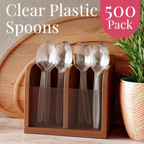 Prestee 500 Clear Plastic Spoons Bulk - Plastic Silverware Spoons - Plastic Spoon Heavy Duty Cutlery - Disposable Spoons Flatware Pack - Plastic Utensil Set - Spoon Plastic Disposable Silverware