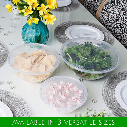 PLASTICPRO 96 Ounce Round Crystal Clear Disposable Serving Bowls with Lids, Pack of 4 for Party Snack or Salad