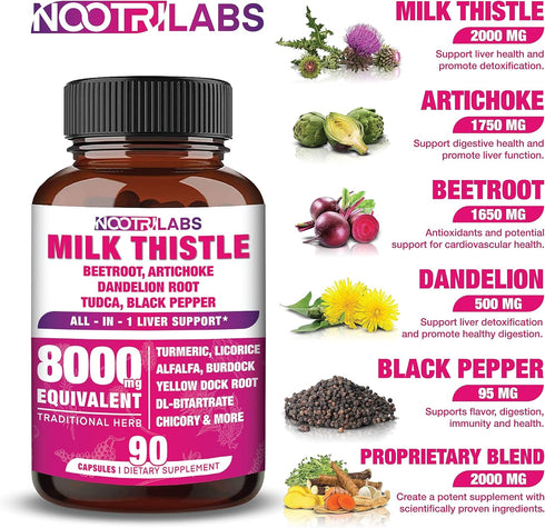 All-in-1 8000mg Milk Thistle NAC BeetRoot Artichoke Dandelion Root - Liver Health Support, 90 Vegan Capsules