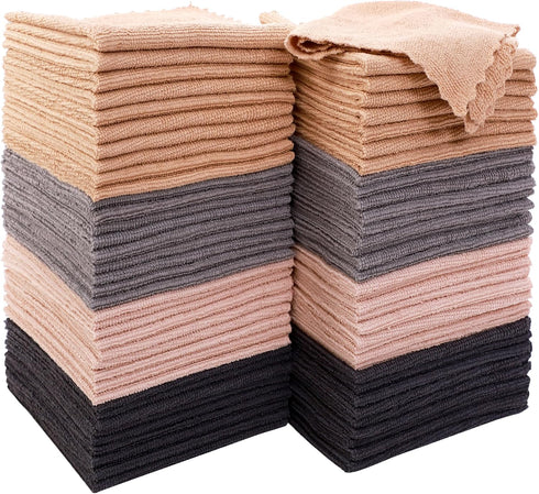 MOONQUEEN 72 Pack Microfiber Cleaning Cloth - Reusable Fast Drying Cleaning Towels, 12"X12", Grey/Light Grey/Brown/Cream