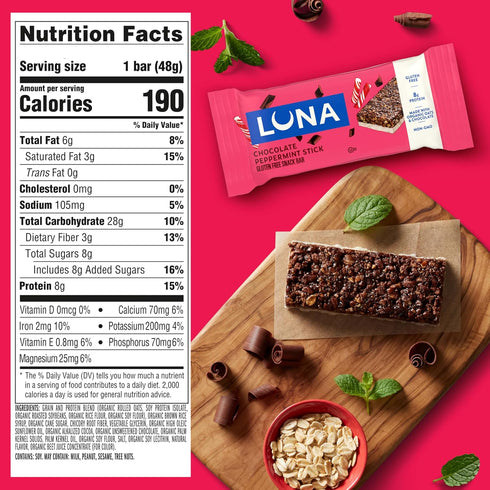 Pack (12 Pack) LUNA Bar - Chocolate Peppermint Stick Flavor - Gluten Free Snack Bars - Non-GMO - Protein Bars - Made