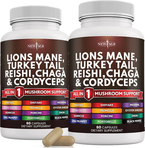 NEW AGE Lions Mane 3000mg 20in1 Mushroom Supplement - Turkey Tail 2000mg, Reishi 1000mg, 120 Count