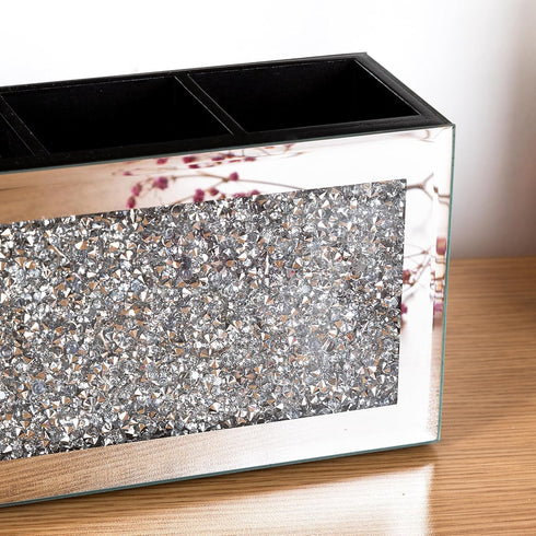 SHYFOY Mirrored Makeup Brush Holder Organizer, 3 Slot Glass Cosmetics Brushes Storage Holders with Crystal Crushed