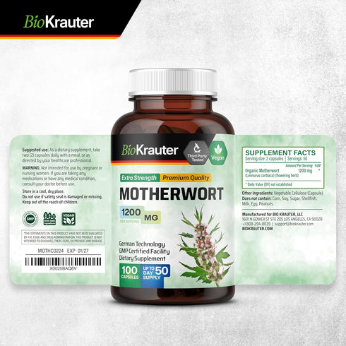 BIO KRAUTER Motherwort Capsules 1200 mg - 100 Count, Women’s Support Herb Supplement for Relaxation