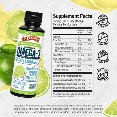 Barlean's Key Lime Pie High Potency Omega 3 Fish Oil Liquid Supplement, 1500mg of EPA & DHA Fatty Acid, 8 oz