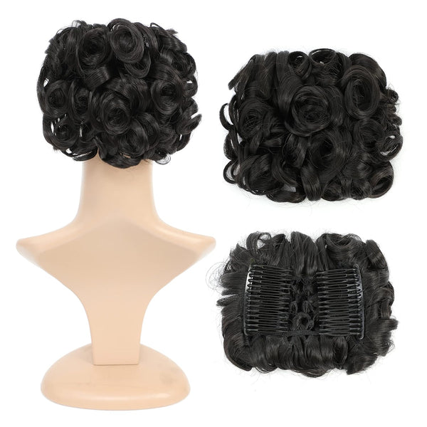 SWACC Short Messy Curly Dish Hair Bun Extension, Easy Stretch Hair Combs Clip in Ponytail Extension (Natural Color