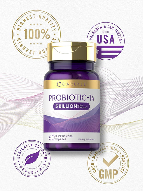 Carlyle Probiotic for Women & Men | 3 Billion CFU | 60 Capsules | 14 Strains | Non-GMO & Gluten Free