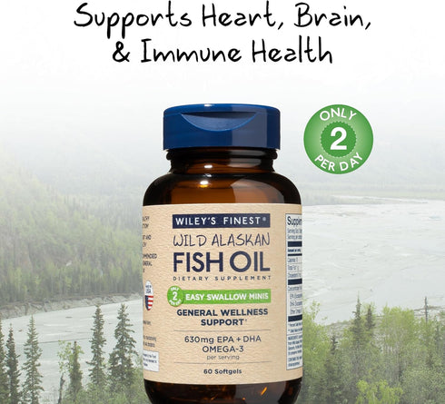 Wiley's Finest Wild Alaskan Fish Oil Easy Swallow Minis - Omega-3 Supplement for Adults and Kids, 60 Mini Softgels