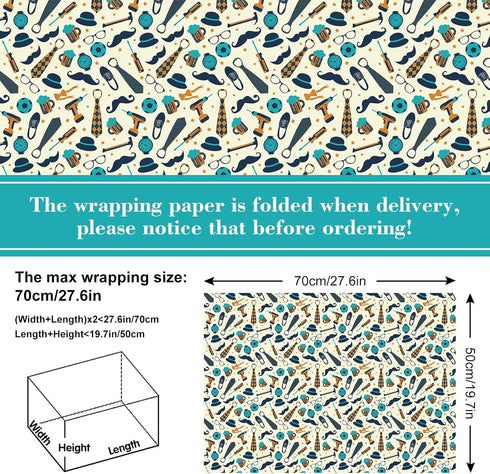 Whaline 12 Sheet Father's Day Wrapping Paper, Necktie Mustaches Watch Print for I Love You Dad Art Packaging, 19.7x27.6