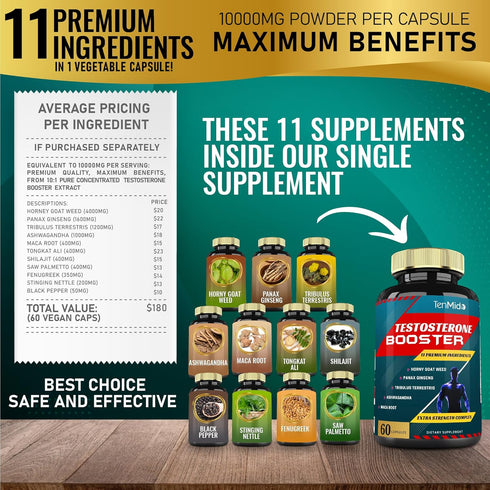 Testosterone Booster for Men, Equivalent to 10000MG, Natural Stamina, Endurance, Strength Supplement