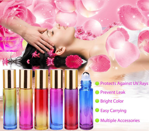 inice 12 Pack Gradient Color Roller Bottles, 10ml Glass Essential Oils Applicator with Golden Metal Cap