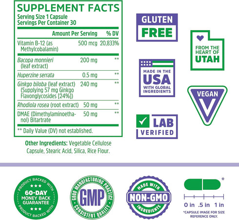 Zhou Neuro Peak Brain Support Supplement | Memory, Focus & Clarity Formula | DMAE, Rhodiola Rosea, Bacopa Monnieri, Ginkgo Biloba & More | 30 VegCaps