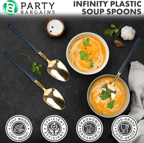 Party Bargains 40 Pack Disposable Plastic Navy Gold Soup Spoons, Infinity Modern Design Utensils