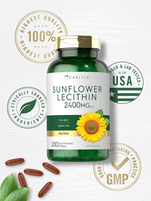Carlyle Sunflower Lecithin Softgel Capsules, 2400mg, 200 Count, Non-GMO, Soy Free, Gluten Free Supplement