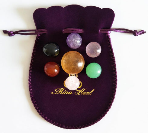 Set of 7 Natural Chakra Crystal Balls for Healing Meditation - Yellow Calcite, Black Obsidian, Rose Quartz, Clear