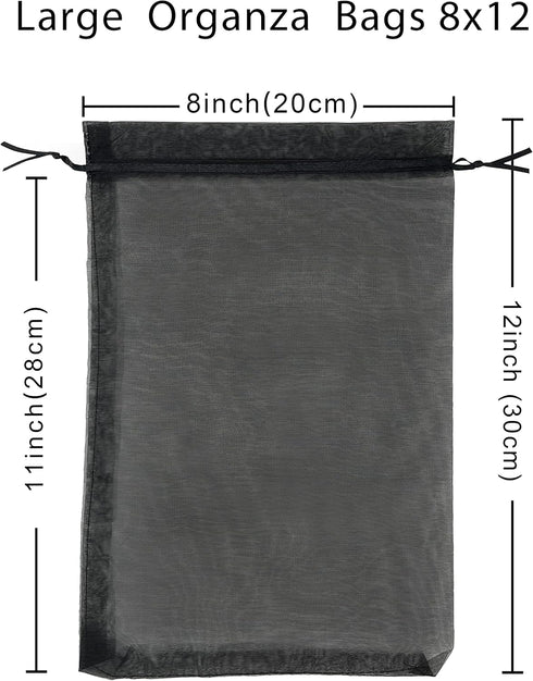 50pcs Sheer Black Organza Gift Bags 8X12 inch, Large Drawstring Jewelry Pouch for Wedding Party Favor