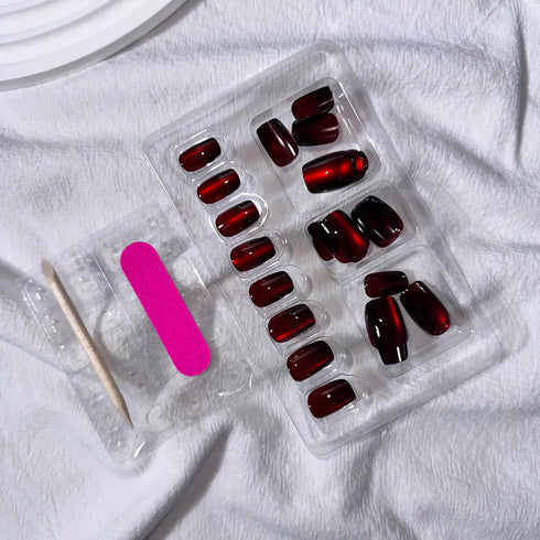 Wine Red Press on Nails, Short Square Cat Eye Nails, Glossy Glue on Nails, 24Pcs Reusable for Women