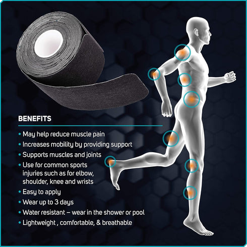 Care Science Waterproof Kinesiology Tape - 40 ct Precut Strips (2 Rolls), Black, Elastic Sports Tape