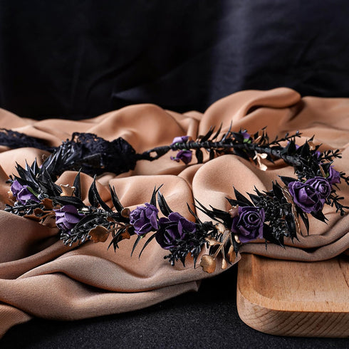 MOSTORY Handmade Black Flower Headpiece - Elf Floral Crown Dark Fairy Wreath Adjustable Gothic Circlet for Renaissance Halloween Wedding Cosplay Medieval Accessory Photo Prop