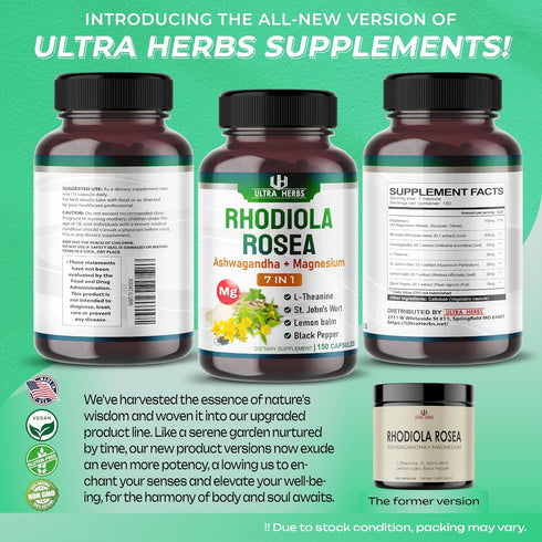 Rhodiola Rosea Supplement 21,400mg with Ashwagandha, Magnesium, L-Theanine, Support Mood, Sleep Quality, Mental Focus |