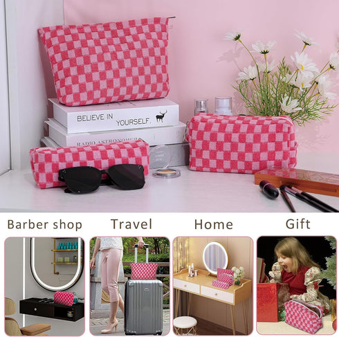 Large Capacity Pink Checkered Makeup Bag Set, 3 Pieces Canvas Travel Organizer for Women