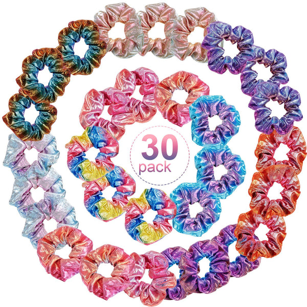 Tatuo 30 Pieces Rainbow Metallic Scrunchies for Girls, Large Shiny Colorful Elastic Hair Ties for Women