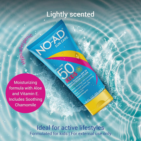 NO-AD KIDS SPF 50 Sunscreen Lotion, Non-Greasy Waterproof Kids Sunscreen, Broad Spectrum Protection, 3 oz, Pack of 3