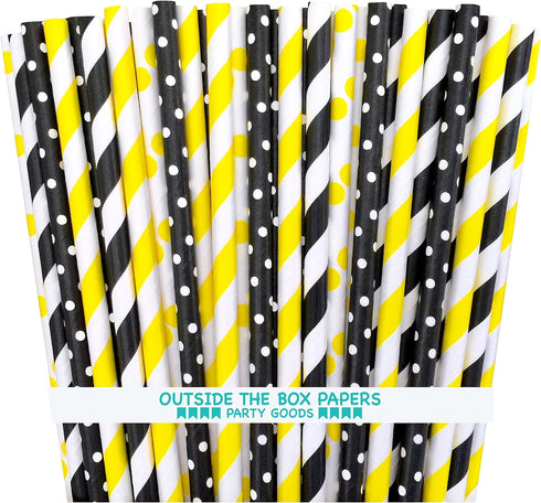 Outside the Box Papers Bee Theme Paper Straws, 7.75 Inches, 100 Pack - Black, Yellow, White Striped and Polka Dot