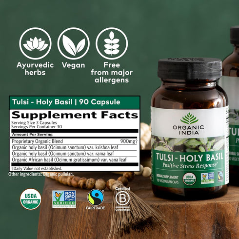 ORGANIC INDIA Tulsi Holy Basil Capsules, Herbal Supplement for Immune Support, Stress Relief, Vegan, 90 Capsules