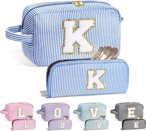 Makeup Bag for Women, Monogram Cute Initial Blue Cosmetic Toiletry Pouch, Personalized Birthday Gifts