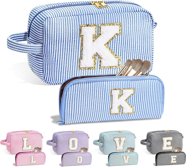 Makeup Bag for Women, Monogram Cute Initial Blue Cosmetic Toiletry Pouch, Personalized Birthday Gifts