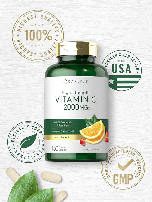 Carlyle Vitamin C 2000mg with Rose Hips, 150 Caplets, Vegetarian, Non-GMO, Gluten Free Supplement