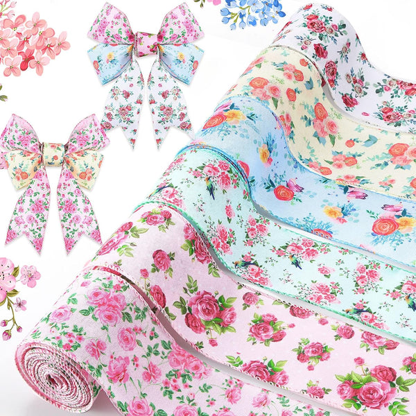 6 Rolls 30 Yards Floral Wired Edge Ribbon, 2.5 Inch Burlap Flower Print for Spring Gift Wrapping, Vintage Decorations