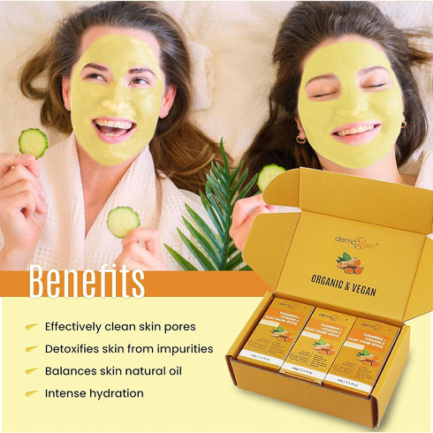 Turmeric Face Mask - Pure Organic Acne Treatment and Anti-Aging for Dull Skin Care, Set of 3