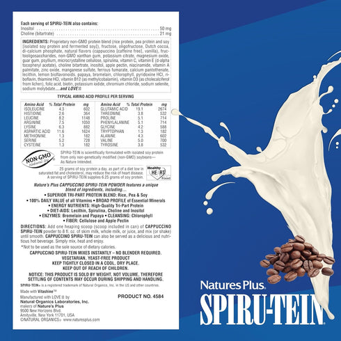 NaturesPlus SPIRU-TEIN Shake - Cappuccino Flavor - 2.25 lbs - Plant Based Meal Replacement with Vitamins & Minerals