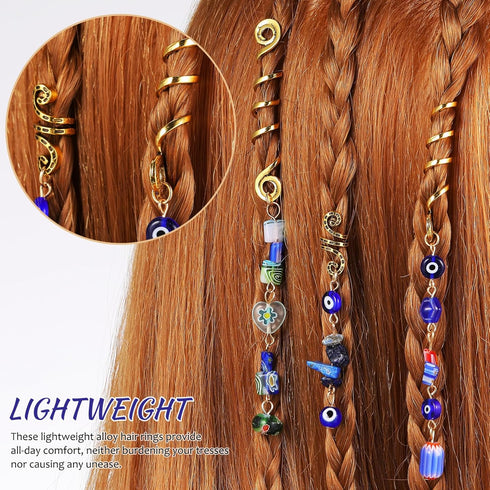 Holibanna 3pcs Hair Braid Rings, Blue Evil Eye Hair Jewelry Dreadlock Long Gold Metal Spiral Coil Beads